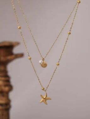 Gold Double-Layer Starfish & Shell Necklace